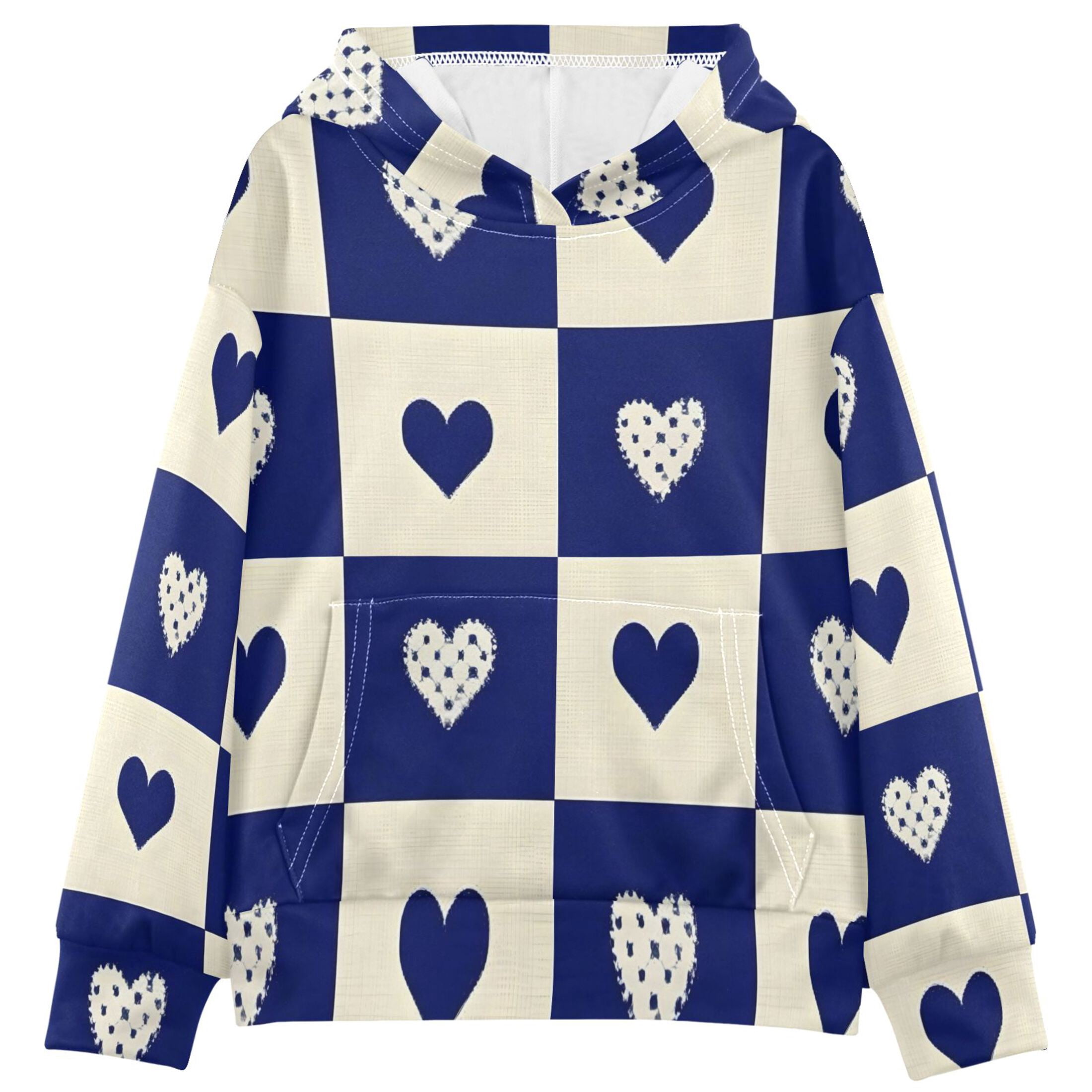 BZSMCE Blue White Heart Print Hoodie Casual Pullover Sweatshirt With ...