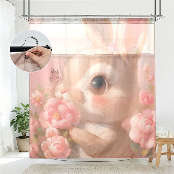 BZSMCE Blush Bloom Bunny Pattern Bathroom Shower Curtain Set with Hooks Waterproof Double Layer Fabric 7278 Inch
