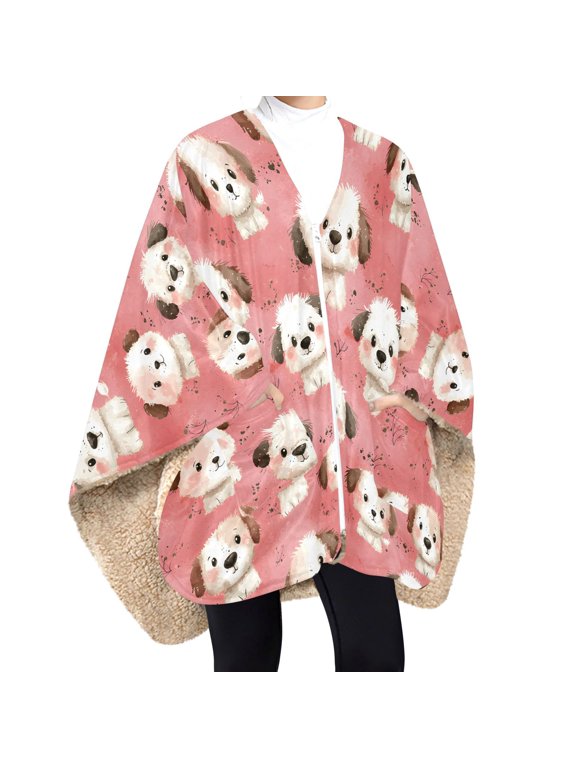 BZSMCE Blush Puppy Pattern Print Wearable Blanket Poncho DoubleLayer Fleece Sherpa Wrap Blanket With Zipper & Pockets Cozy Sleeveless Warm Throw Blanket