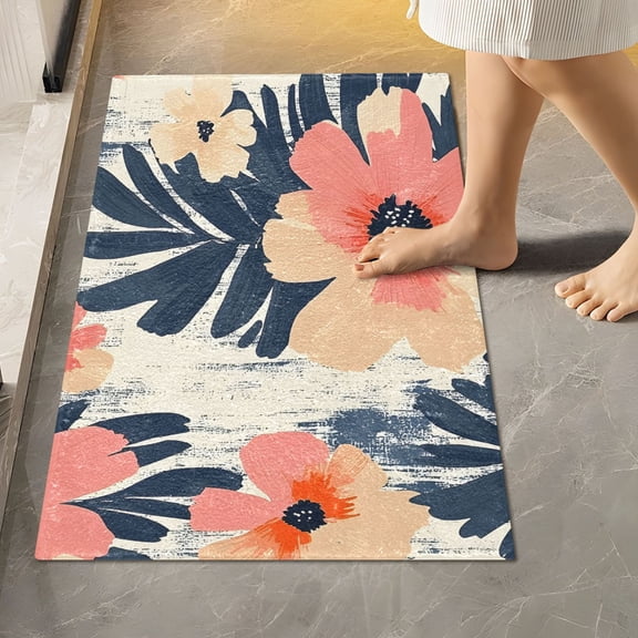 BZSMCE Blushnavyfloralsketch Pattern Pattern 2-Piece Non-Slip Absorbent Bathroom Rug Set, Soft Bath Mat & Toilet Rug