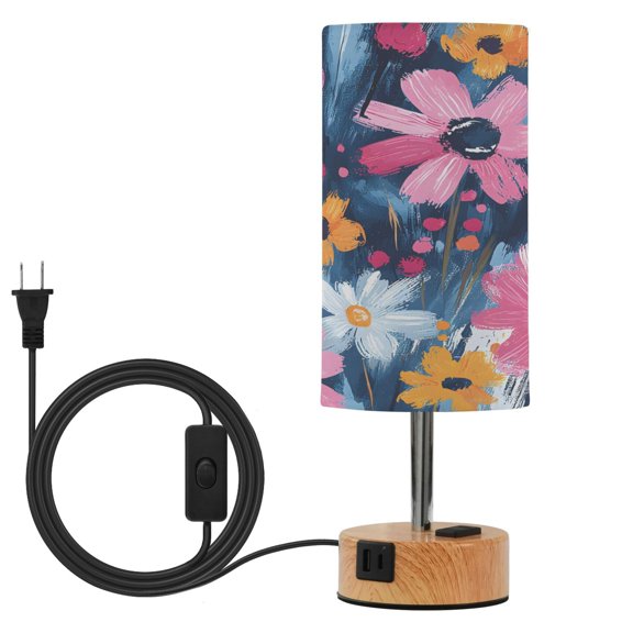 BZSMCE Bold Floral Splash Pattern Printed 3 Color Touch Control Table Lamp Linen Shade LED Nightstand Lamp with Wood Grain BaseUS Standard Power Cord