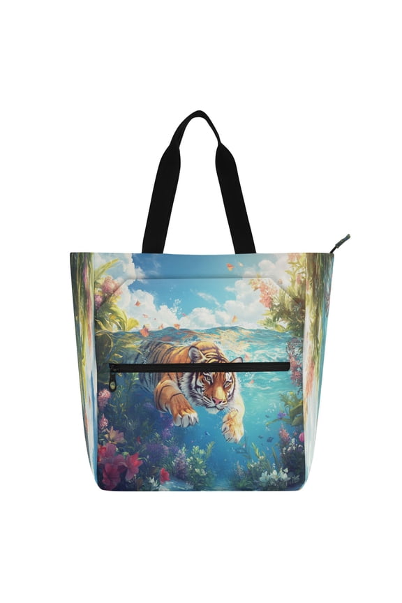 BZSMCE Book Tote Bag Casual Style Creatively Floral Tiger Expedition Printed