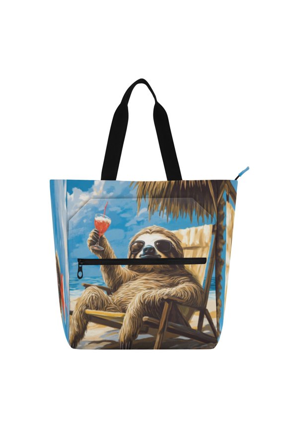 BZSMCE Book Tote Bag Casual Style Creatively Relaxing Sloth on The Beach Printed