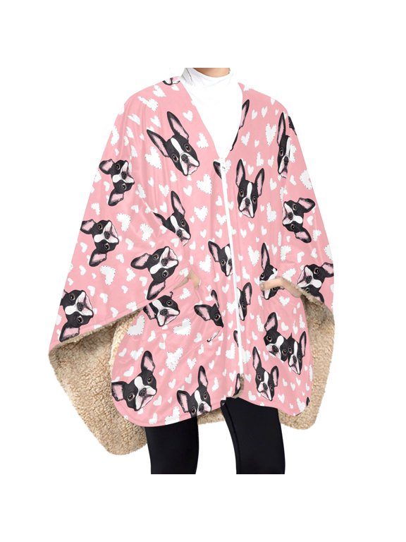 BZSMCE Boston Terrier Dog Heart Pattern Print Wearable Blanket Poncho DoubleLayer Fleece Sherpa Wrap Blanket With Zipper & Pockets Cozy Sleeveless Warm Throw Blanket
