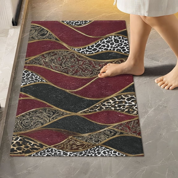 BZSMCE Burgundy Leopard Wave Pattern 2-Piece Non-Slip Absorbent Bathroom Rug Set, Soft Bath Mat & Toilet Rug