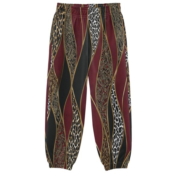 BZSMCE Burgundy Leopard Wave Print Elastic Waist Jogger Pants Lightweight Wind Resistant Casual Athletic Trousers with Cuffed Ankles & Side Pockets