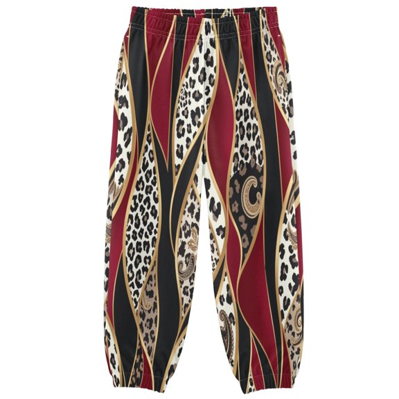 BZSMCE Burgundy Leopard Wave Print Elastic Waist Jogger Pants Lightweight Wind Resistant Casual Athletic Trousers with Cuffed Ankles & Side Pockets