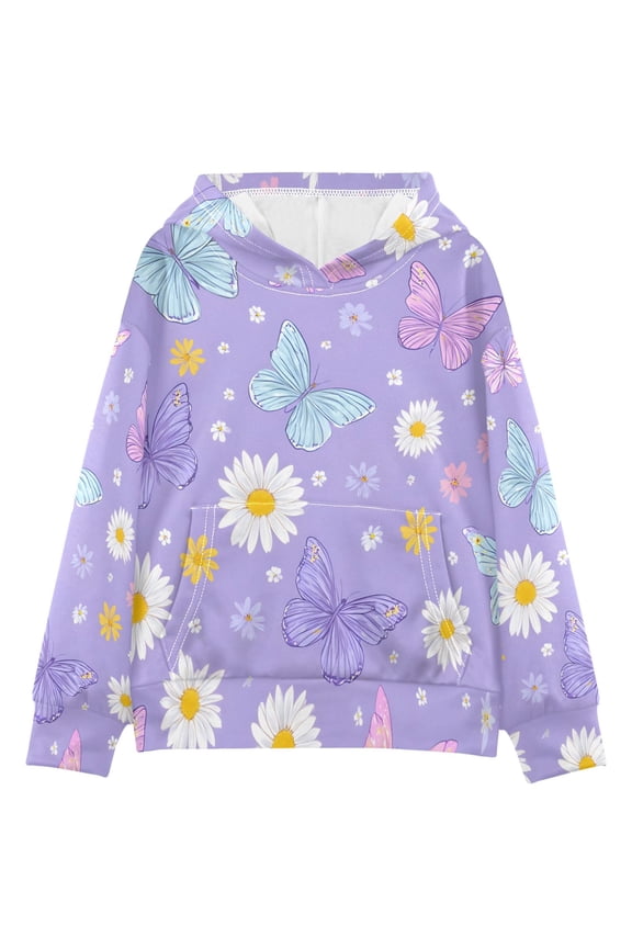 BZSMCE Butterfly Daisy Pattern Print Hoodie Casual Pullover Sweatshirt With Kangaroo Pocket