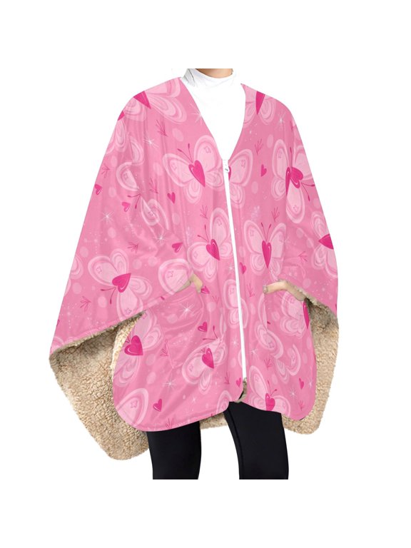 BZSMCE Butterfly Heart Print Wearable Blanket Poncho DoubleLayer Fleece Sherpa Wrap Blanket With Zipper & Pockets Cozy Sleeveless Warm Throw Blanket