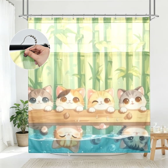 BZSMCE Calm Bamboo Cats Naps Pattern Bathroom Shower Curtain Set with Hooks Waterproof Double Layer Fabric 7278 Inch