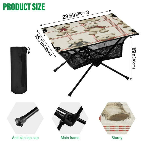 BZSMCE Camping Tables Simple Folding Table Bear Hugs and Checkered Love Pattern Size:23.6*15.7in