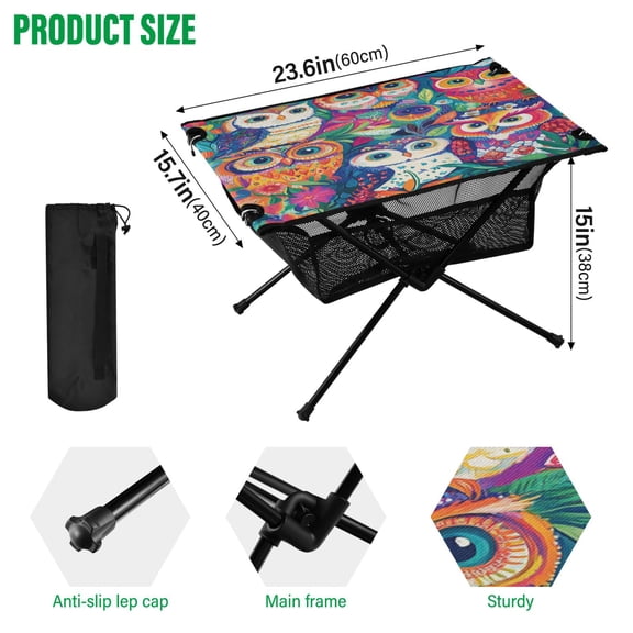 BZSMCE Camping Tables Simple Folding Table Fantasy Owls Amidst Petals Pattern Size:23.6*15.7in