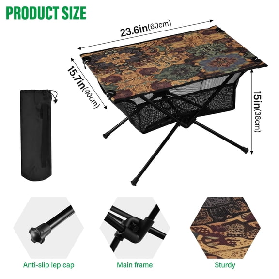 BZSMCE Camping Tables Simple Folding Table Golden Mandala Mosaic Pattern Size:23.6*15.7in