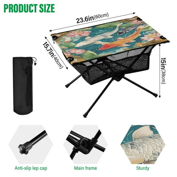 BZSMCE Camping Tables Simple Folding Table Koi Harmony Pattern Size:23.6*15.7in