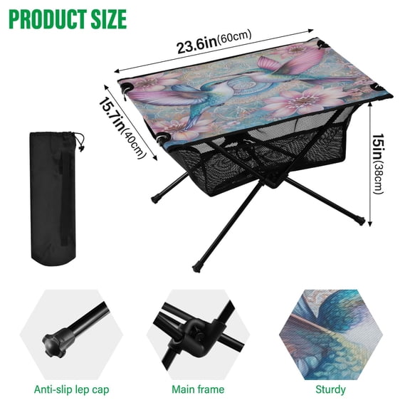 BZSMCE Camping Tables Simple Folding Table Springtime Hummingbird Kiss Pattern Size:23.6*15.7in