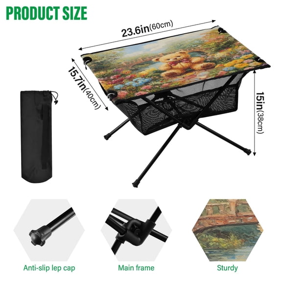 BZSMCE Camping Tables Simple Folding Table Sunlit Teddy Pattern Size:23.6*15.7in