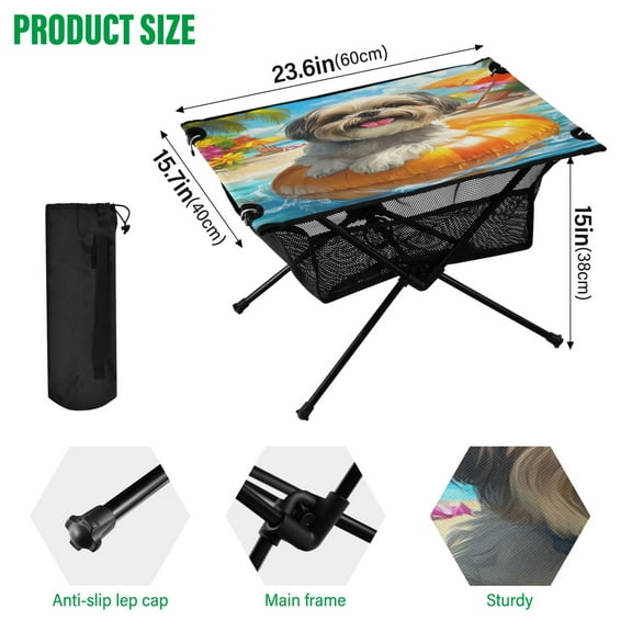 BZSMCE Camping Tables Simple Folding Table Sunny Beach Pup Pattern Size:23.6*15.7in