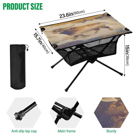 BZSMCE Camping Tables Simple Folding Table The Ethereal Bull Pattern Size:23.6*15.7in