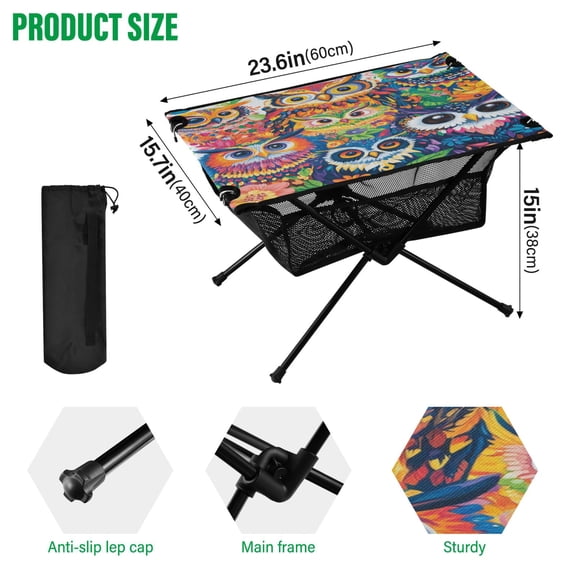 BZSMCE Camping Tables Simple Folding Table Whimsical Owl Gathering Pattern Size:23.6*15.7in