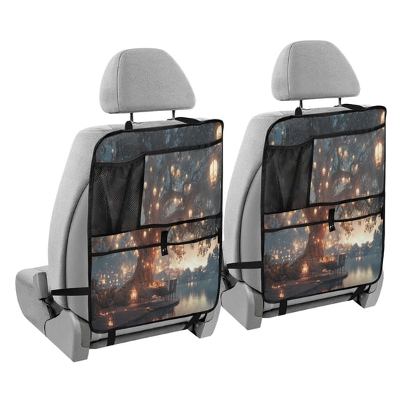 BZSMCE Car Organizer Kick Mats Back Seat Protector Creatively Tree with Hanging Lanterns Lakeside Printed