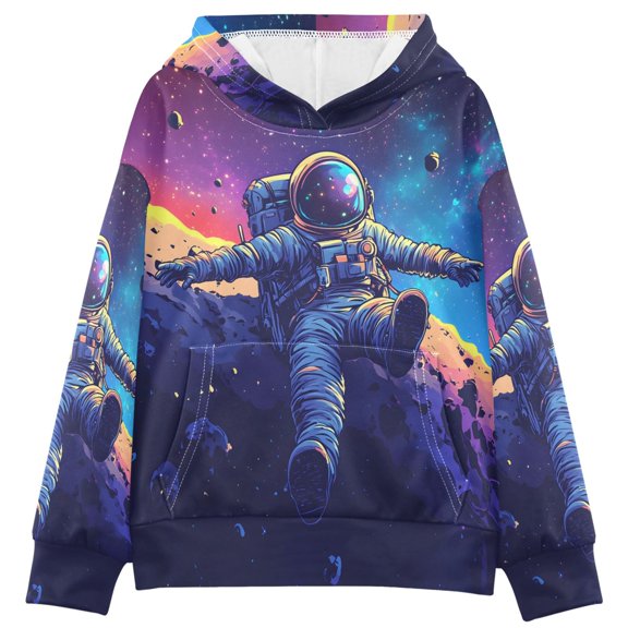 BZSMCE Cartoon Astronaught Print Hoodie Casual Pullover Sweatshirt With Kangaroo Pocket
