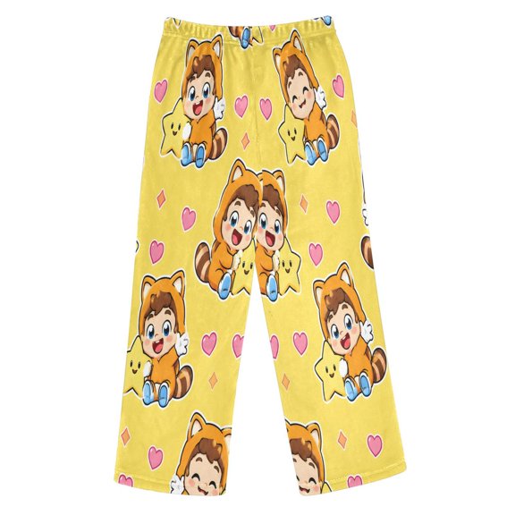 BZSMCE Cartoon Bear Hearts Heart Printed Loose Fit Flannel Pajama Pants Soft Plush Elastic Waist Loungewear Bottoms with Side Pockets for Indoor Home Wear