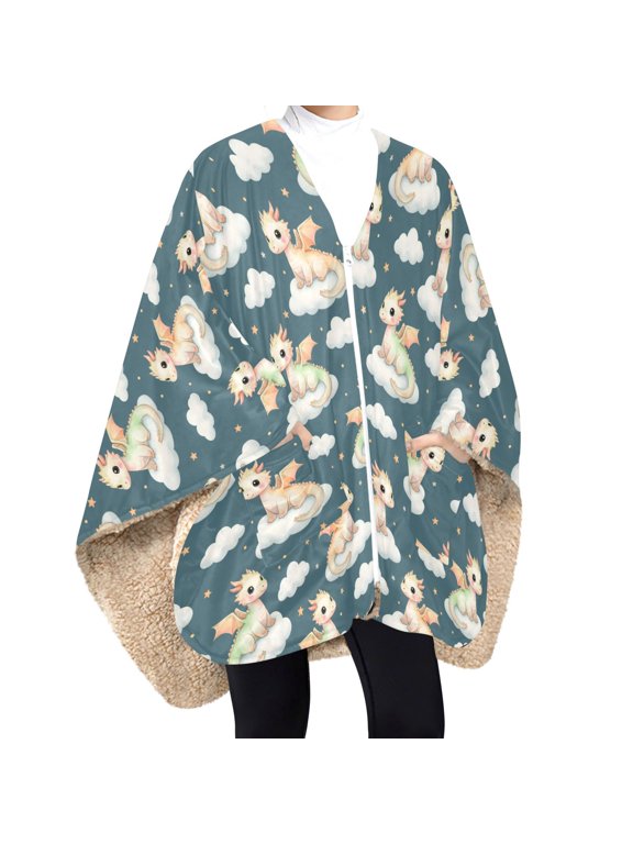 BZSMCE Cartoon Dragon Print Wearable Blanket Poncho DoubleLayer Fleece Sherpa Wrap Blanket With Zipper & Pockets Cozy Sleeveless Warm Throw Blanket
