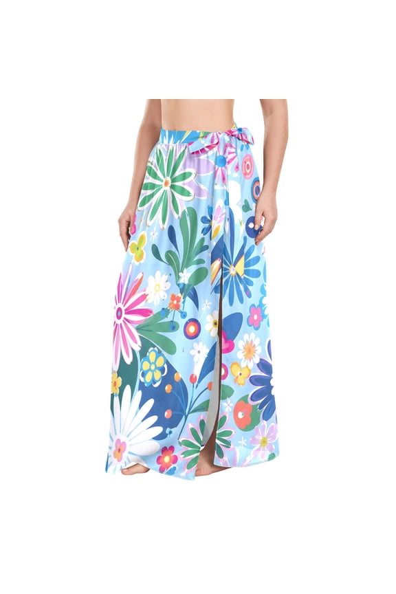 BZSMCE Cartoon Flowers Pattern Maxi Cover-Up Skirt, Lightweight Quick-Dry Fabric