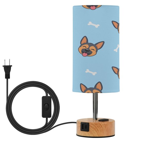 BZSMCE Cartoon German Shepherd Bone Pattern Printed 3 Color Touch Control Table Lamp Linen Shade LED Nightstand Lamp with Wood Grain BaseUS Standard Power Cord