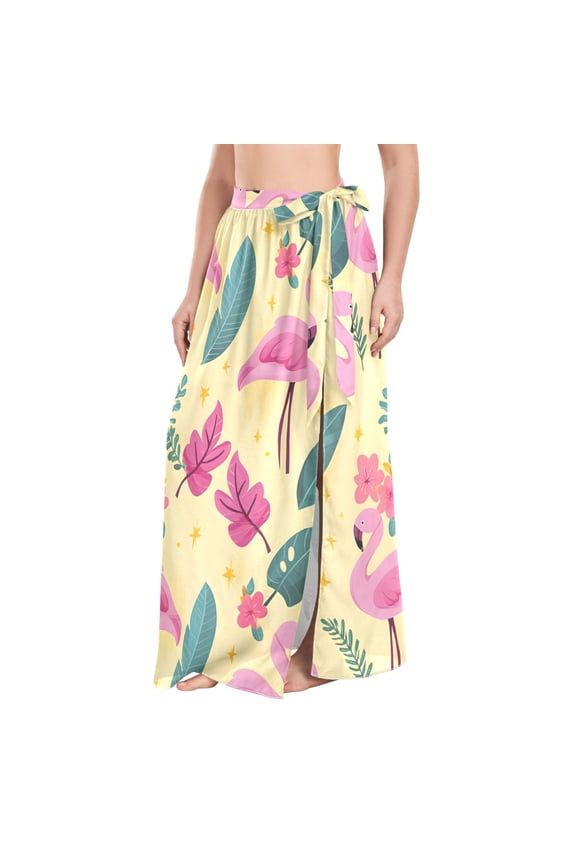 BZSMCE Cartoon Tropical Flamingo Flower Pattern Maxi Cover-Up Skirt, Lightweight Quick-Dry Fabric