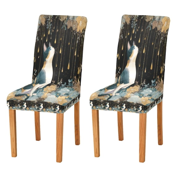 BZSMCE Chairs Slipcovers Dining Chair Covers Cat under Golden Drips Creative Pattern