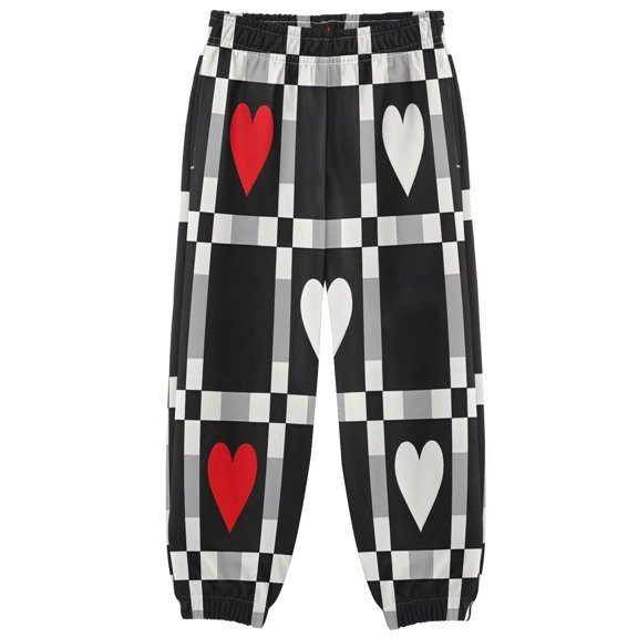 BZSMCE Checked Heart Pattern Print Elastic Waist Jogger Pants Lightweight Wind Resistant Casual Athletic Trousers with Cuffed Ankles & Side Pockets