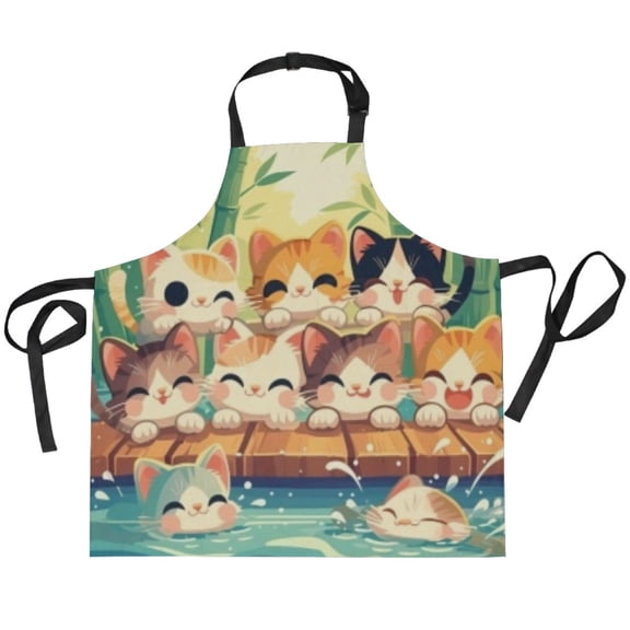BZSMCE Chef Kitchen Apron 2 Pockets In Bamboo Edge Cats and Fishes Printed