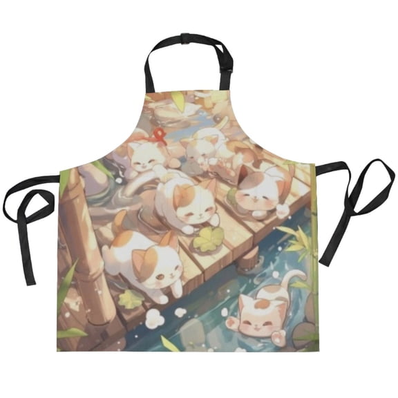 BZSMCE Chef Kitchen Apron 2 Pockets In Bamboo Stream Cats Float Printed