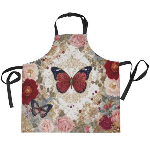 BZSMCE Chef Kitchen Apron 2 Pockets In Blush Rose Jewel Butterflies Printed