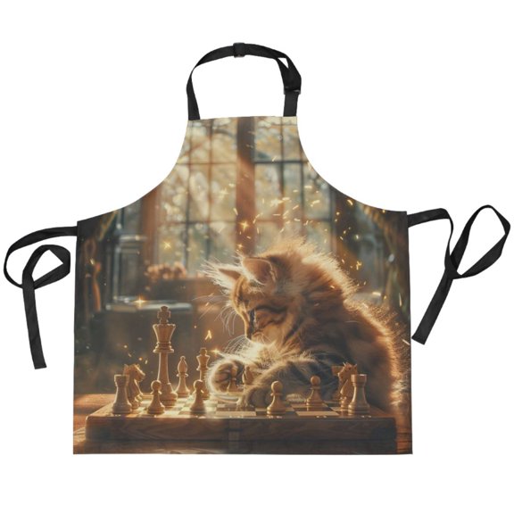 BZSMCE Chef Kitchen Apron 2 Pockets In Cat Sunshine Chess Printed