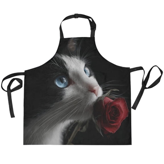 BZSMCE Chef Kitchen Apron 2 Pockets In Cat with Red Rose Printed