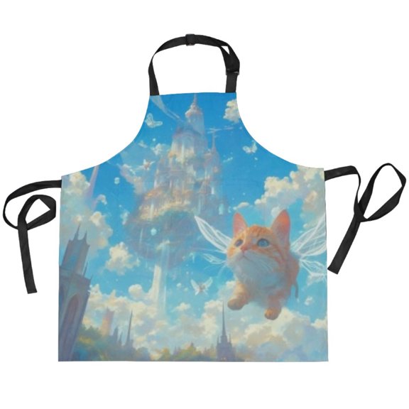 BZSMCE Chef Kitchen Apron 2 Pockets In Winged Cat and Sky Castle Printed