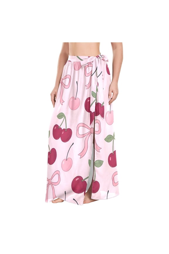 BZSMCE Cherry Bow Pattern Maxi Cover-Up Skirt, Lightweight Quick-Dry Fabric