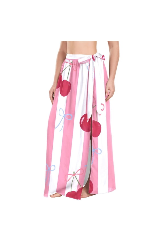 BZSMCE Cherry Bow Pattern Maxi Cover-Up Skirt, Lightweight Quick-Dry Fabric