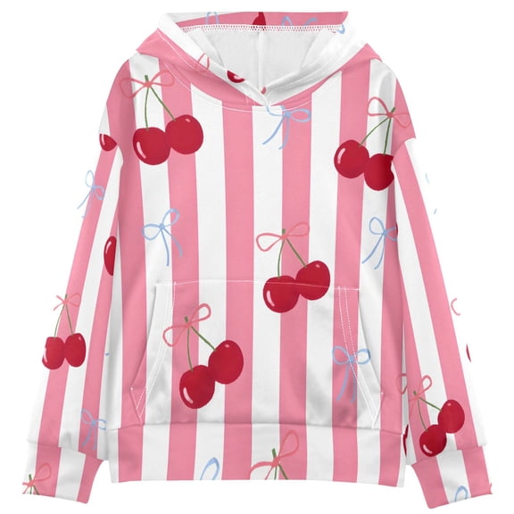 BZSMCE Cherry Bow Pattern Print Hoodie Casual Pullover Sweatshirt With Kangaroo Pocket