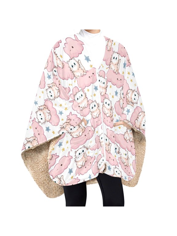 BZSMCE Cloudy Cuddle Crew Print Wearable Blanket Poncho DoubleLayer Fleece Sherpa Wrap Blanket With Zipper & Pockets Cozy Sleeveless Warm Throw Blanket