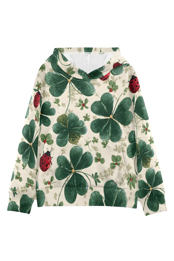 BZSMCE Clover Ladybug Pattern Print Hoodie Casual Pullover Sweatshirt With Kangaroo Pocket