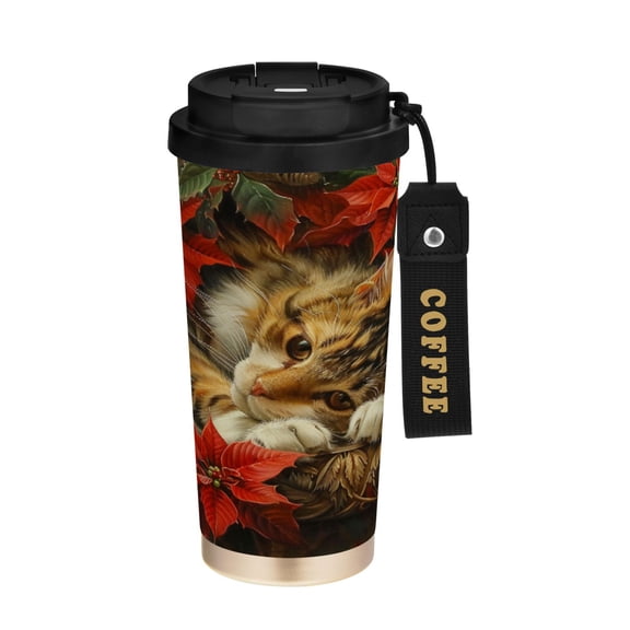 BZSMCE Coffe Bottles Stainless Steel Travel Mug With Fasshion Cozy Cat Among Poinsettias Printed