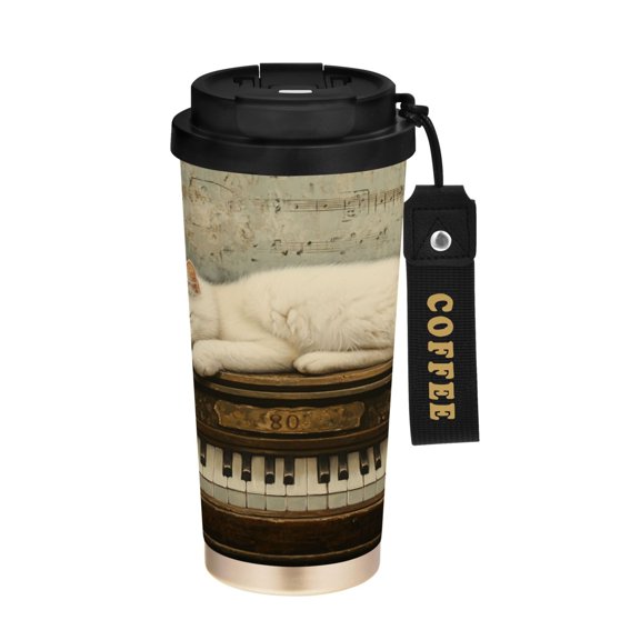 BZSMCE Coffe Bottles Stainless Steel Travel Mug With Fasshion Piano Dreams with A Cozy Cat Printed