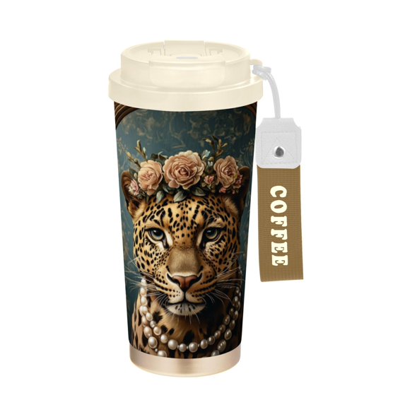 BZSMCE Coffe Bottles Stainless Steel Water Bottle With Fasshion Leopard with Floral Crown Pearls Printed