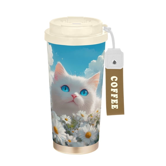 BZSMCE Coffe Bottles Stainless Steel Water Bottle With Fasshion White Cat in Daisies Field Printed
