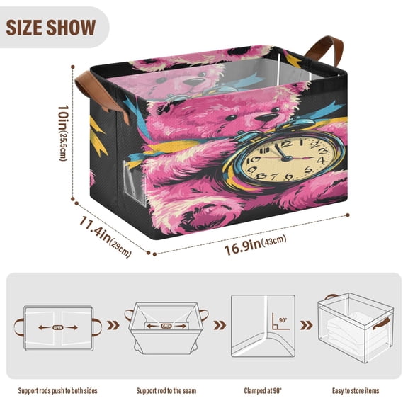 BZSMCE Collapsible Fabric Cube Storage Bins Bear Explore Clock Design Pattern Storage Box