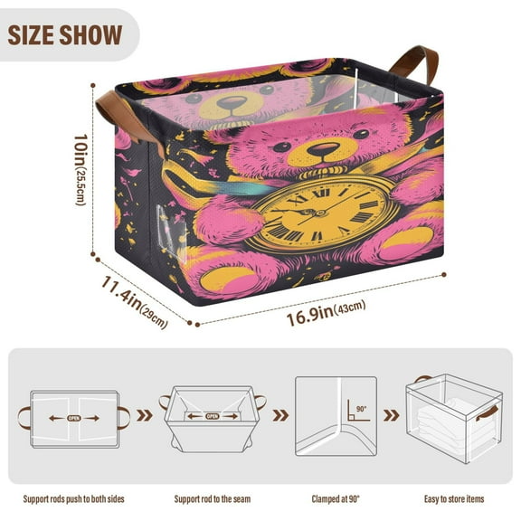 BZSMCE Collapsible Fabric Cube Storage Bins Bear Hug Clock Design Pattern Storage Box