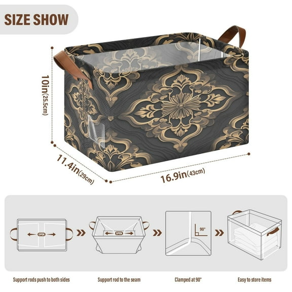 BZSMCE Collapsible Fabric Cube Storage Bins Bohemia Design Gold Flower Print Design Pattern Storage Box